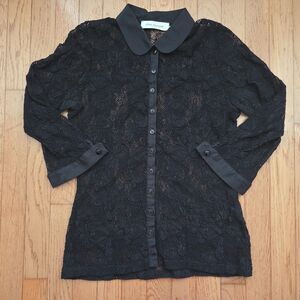 Anne Fontaine Lace Top Size 40 US 8 Black Button Timeless Luxury Shirt Butterfly